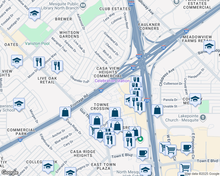 map of restaurants, bars, coffee shops, grocery stores, and more near 4037 Interstate 30 Frontage Road in Mesquite