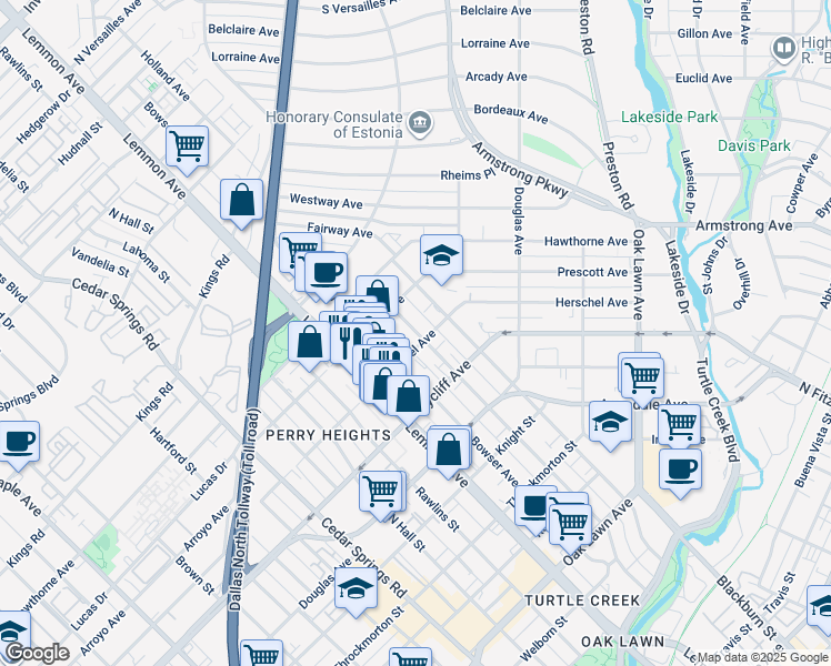 map of restaurants, bars, coffee shops, grocery stores, and more near 4419 Holland Avenue in Dallas