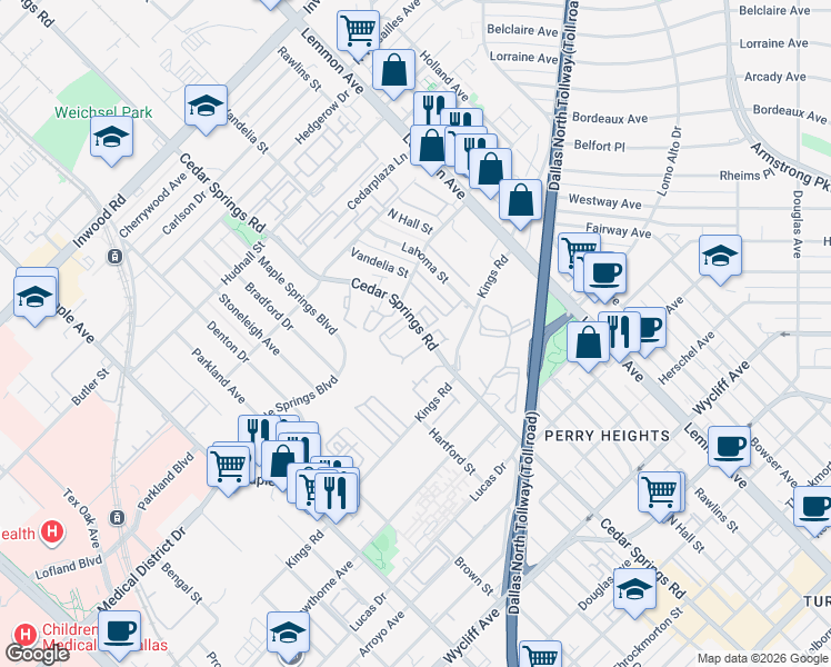 map of restaurants, bars, coffee shops, grocery stores, and more near 4837 Cedar Springs Road in Dallas
