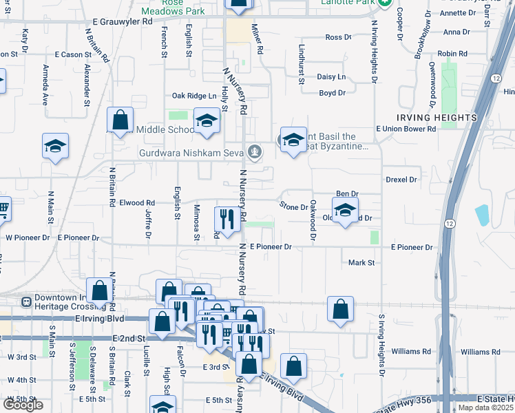 map of restaurants, bars, coffee shops, grocery stores, and more near 1026 Elwood Road in Irving