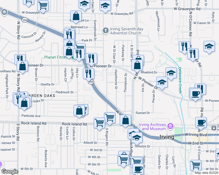 map of restaurants, bars, coffee shops, grocery stores, and more near 1418 Abelia Street in Irving