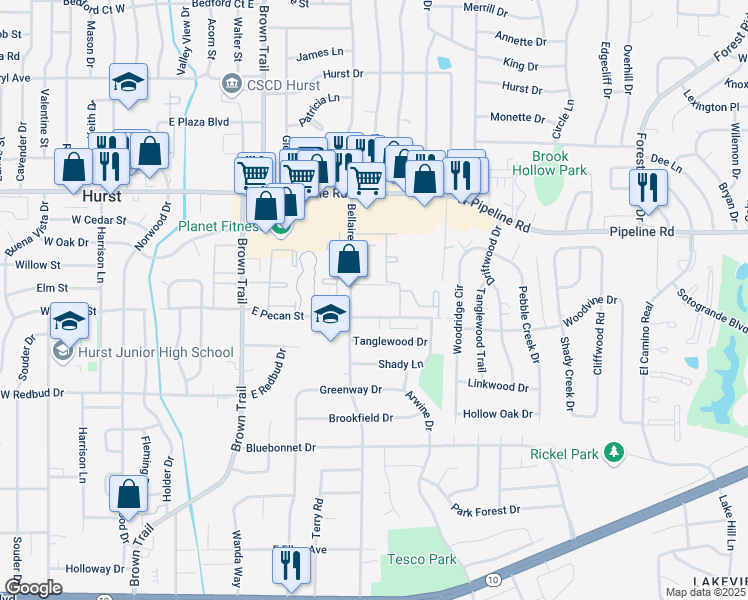map of restaurants, bars, coffee shops, grocery stores, and more near 602 Bellaire Drive in Hurst