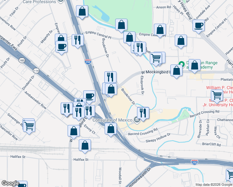 map of restaurants, bars, coffee shops, grocery stores, and more near 1250 West Mockingbird Lane in Dallas