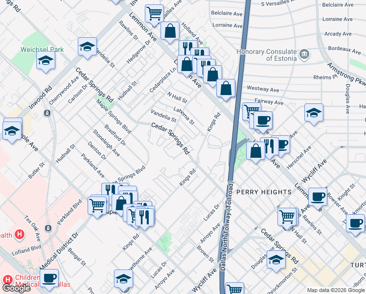 map of restaurants, bars, coffee shops, grocery stores, and more near 4837 Cedar Springs Rd in Dallas
