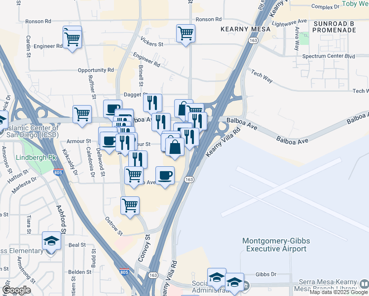 map of restaurants, bars, coffee shops, grocery stores, and more near 4380 Kearny Mesa Road in San Diego