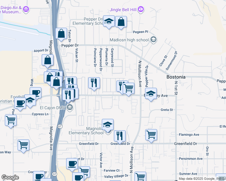 map of restaurants, bars, coffee shops, grocery stores, and more near 450 East Bradley Avenue in El Cajon