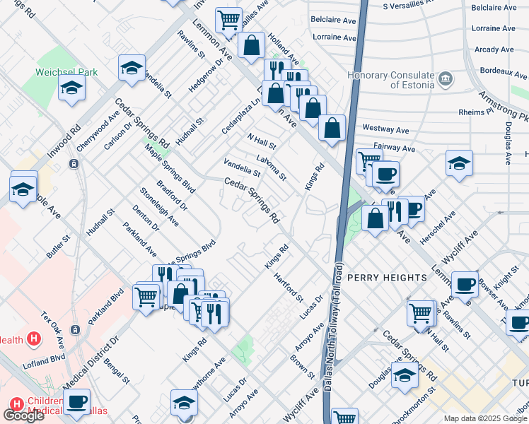 map of restaurants, bars, coffee shops, grocery stores, and more near 4837 Cedar Springs Road in Dallas