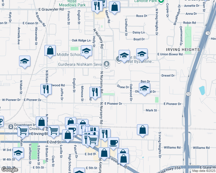 map of restaurants, bars, coffee shops, grocery stores, and more near 1026 Elwood Road in Irving