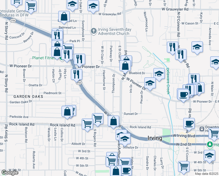 map of restaurants, bars, coffee shops, grocery stores, and more near 1310 Abelia St in Irving