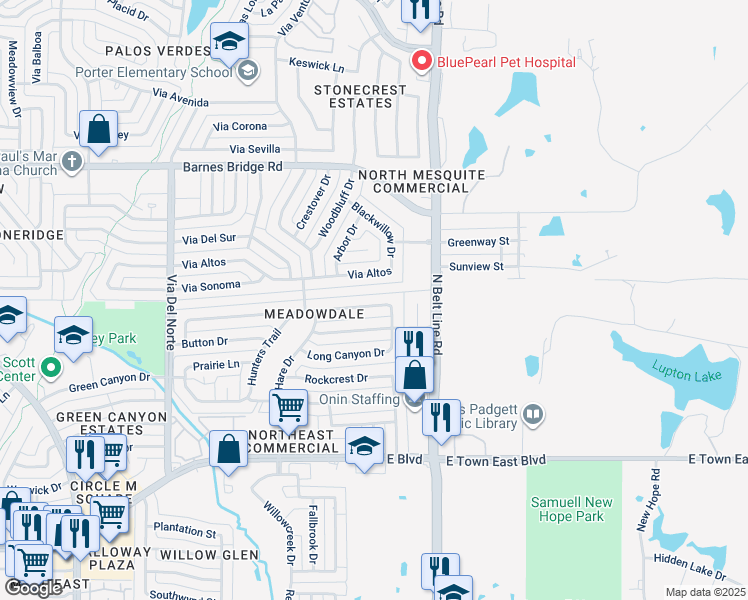 map of restaurants, bars, coffee shops, grocery stores, and more near 217 Hardwood Trail in Mesquite