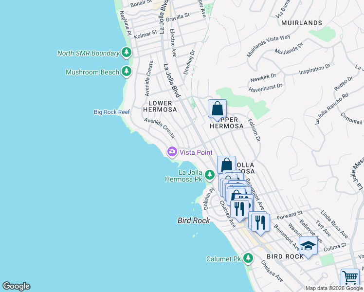 map of restaurants, bars, coffee shops, grocery stores, and more near 5979 Camino De La Costa in San Diego