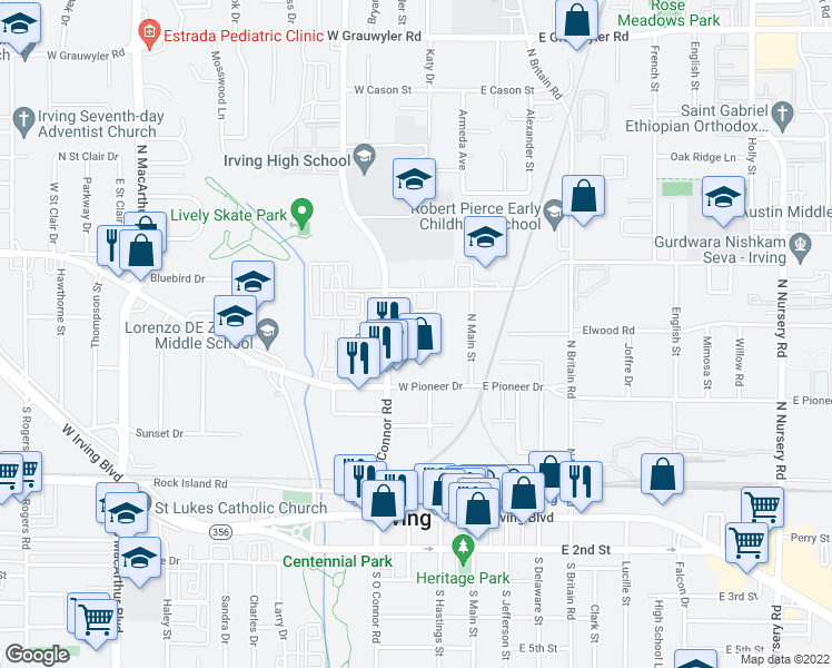 map of restaurants, bars, coffee shops, grocery stores, and more near 550 North O'Connor Road in Irving