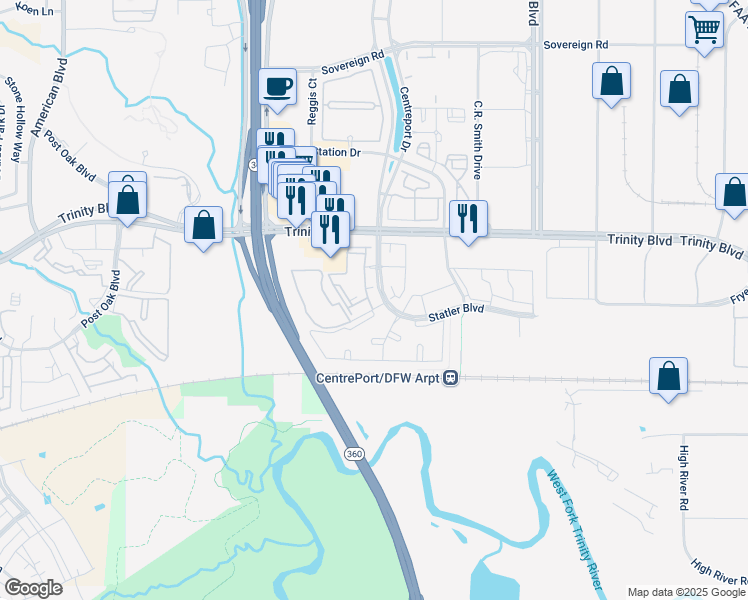 map of restaurants, bars, coffee shops, grocery stores, and more near 10 Centreport Drive in Fort Worth