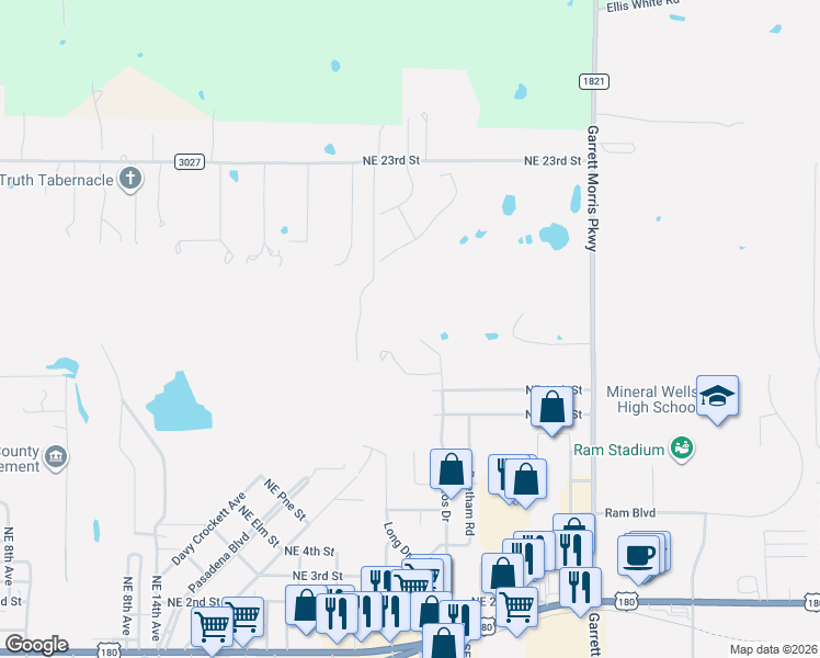 map of restaurants, bars, coffee shops, grocery stores, and more near 1111 Brazos Drive in Mineral Wells