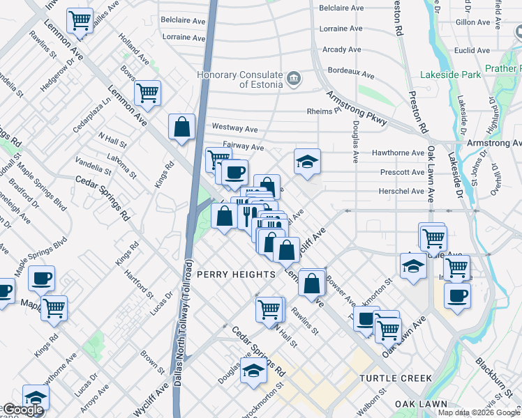 map of restaurants, bars, coffee shops, grocery stores, and more near Bowser Ave & Prescott Ave in Dallas