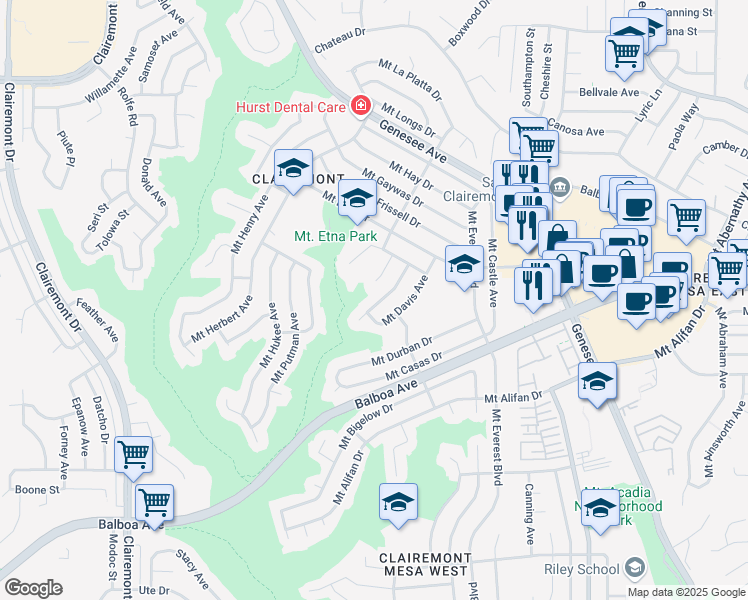 map of restaurants, bars, coffee shops, grocery stores, and more near 4314 Mount Foster Avenue in San Diego