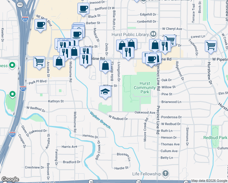 map of restaurants, bars, coffee shops, grocery stores, and more near 546 Billie Ruth Lane in Hurst