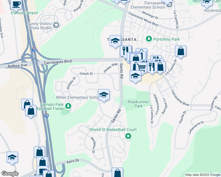 map of restaurants, bars, coffee shops, grocery stores, and more near 10300-10374 Orleck St in San Diego