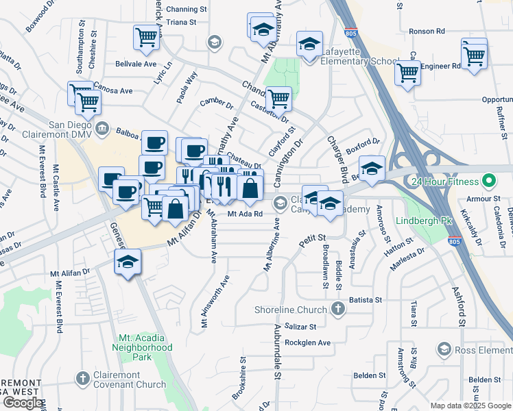 map of restaurants, bars, coffee shops, grocery stores, and more near 6545 Balboa Avenue in San Diego