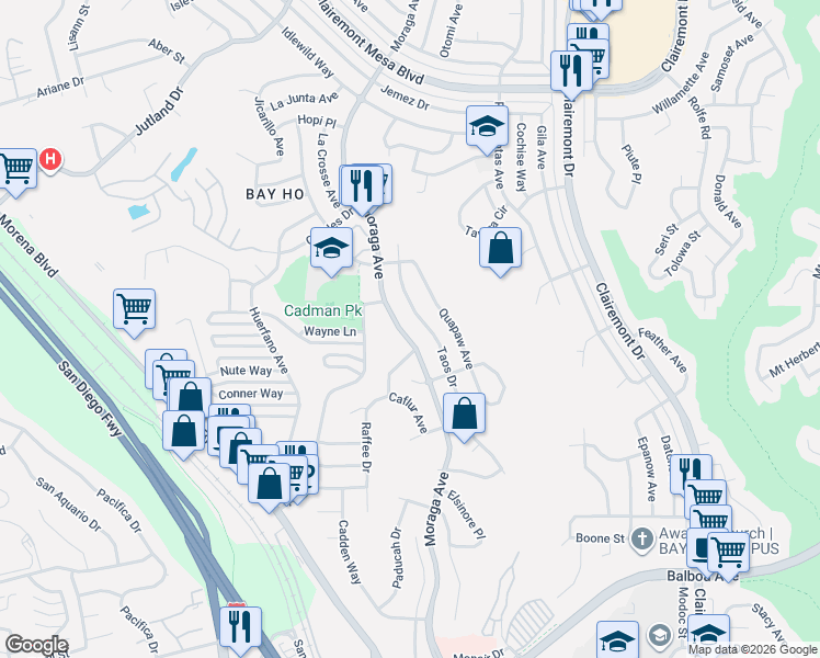 map of restaurants, bars, coffee shops, grocery stores, and more near 4278 Moraga Avenue in San Diego