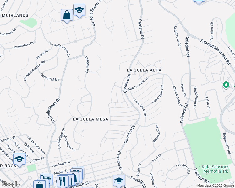 map of restaurants, bars, coffee shops, grocery stores, and more near 5778 Caminito Pulsera in San Diego