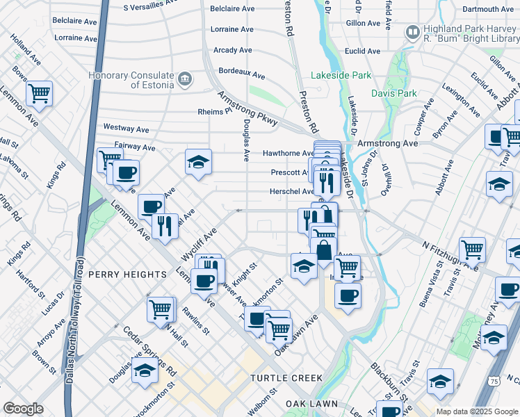 map of restaurants, bars, coffee shops, grocery stores, and more near 4135 Wycliff Avenue in Dallas
