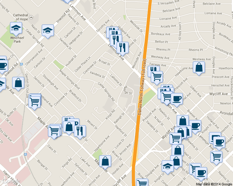 map of restaurants, bars, coffee shops, grocery stores, and more near 4810 Cedar Springs Road in Dallas