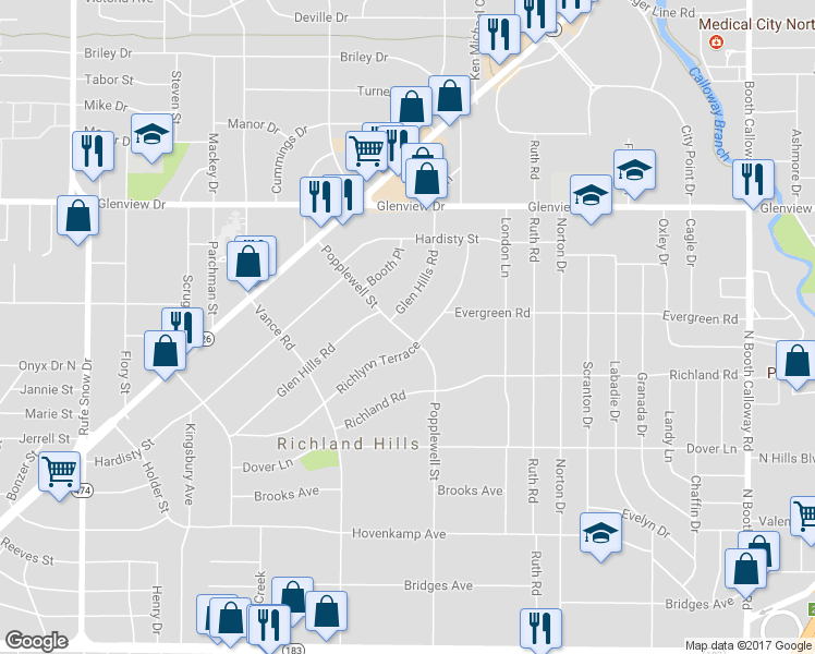 map of restaurants, bars, coffee shops, grocery stores, and more near 3708 Popplewell Street in Richland Hills