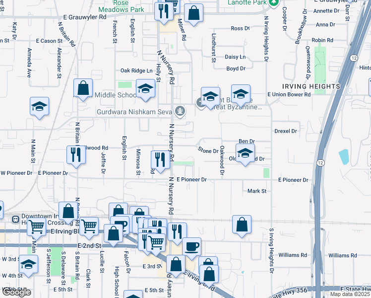 map of restaurants, bars, coffee shops, grocery stores, and more near 1026 Elwood Road in Irving