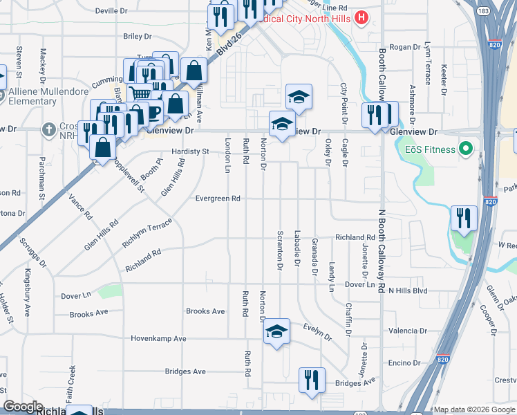 map of restaurants, bars, coffee shops, grocery stores, and more near 3724 Norton Drive in Richland Hills