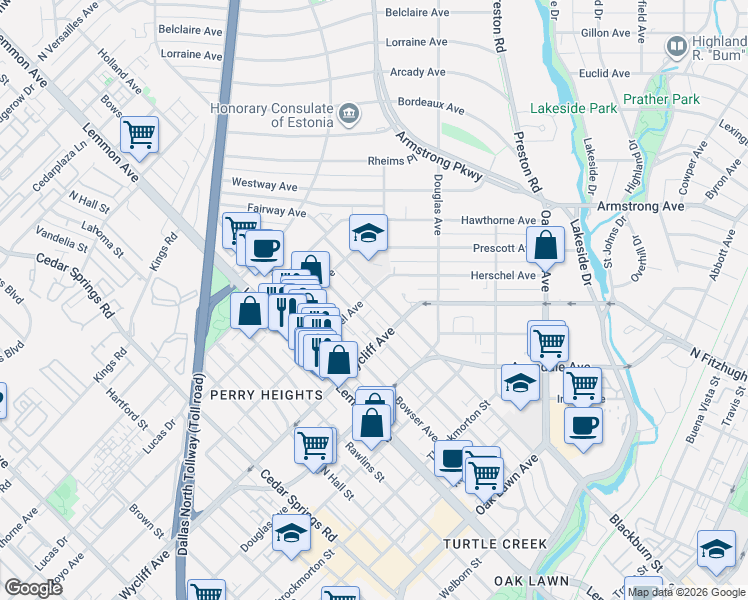 map of restaurants, bars, coffee shops, grocery stores, and more near 3721 Herschel Avenue in Dallas