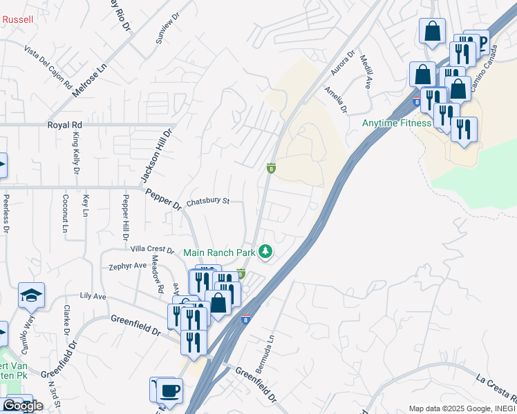 map of restaurants, bars, coffee shops, grocery stores, and more near 1924 Corner Stone Court in El Cajon