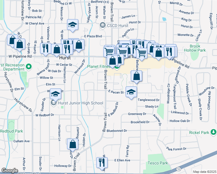 map of restaurants, bars, coffee shops, grocery stores, and more near 365 East Pecan Street in Hurst