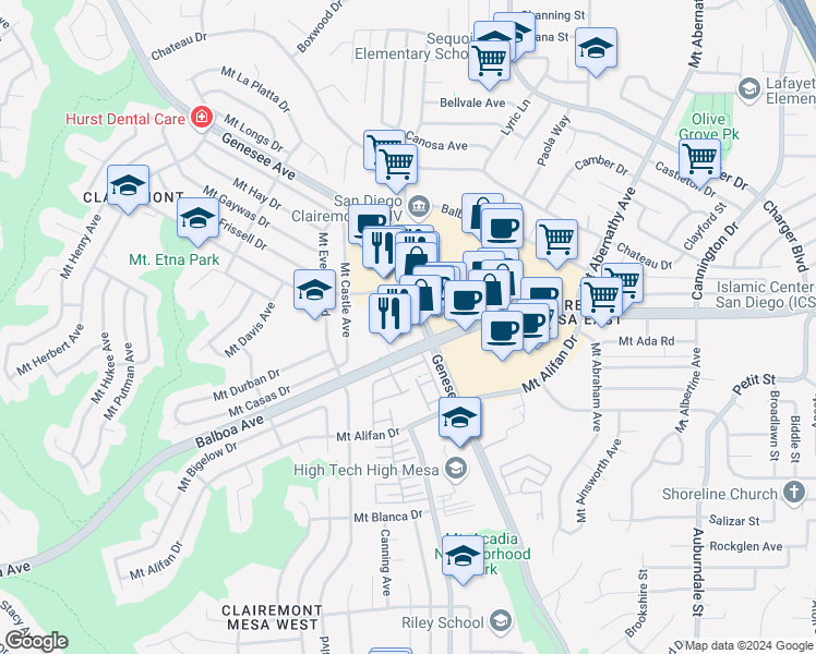 map of restaurants, bars, coffee shops, grocery stores, and more near 5270 Genesee Avenue in San Diego