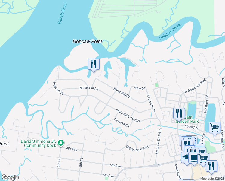 map of restaurants, bars, coffee shops, grocery stores, and more near 308 Coinbow Drive in Mount Pleasant