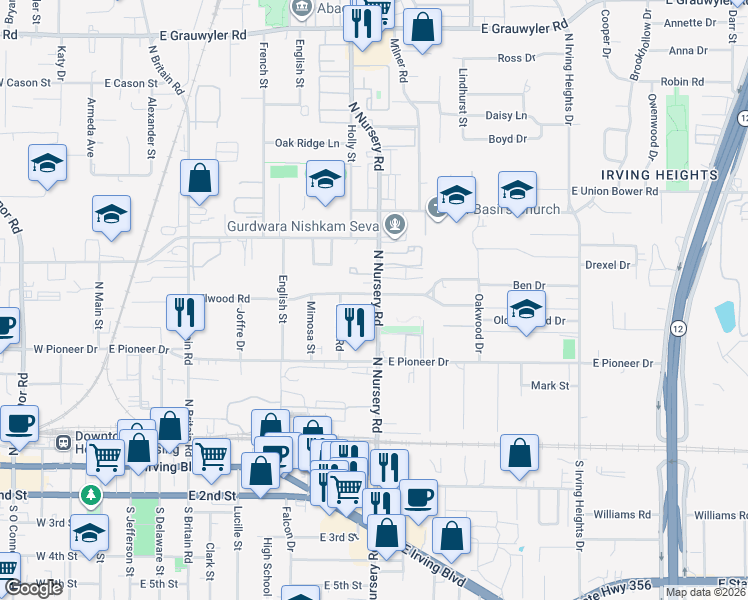 map of restaurants, bars, coffee shops, grocery stores, and more near 936 Elwood Road in Irving