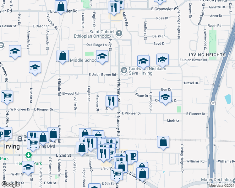 map of restaurants, bars, coffee shops, grocery stores, and more near 936 Elwood Road in Irving