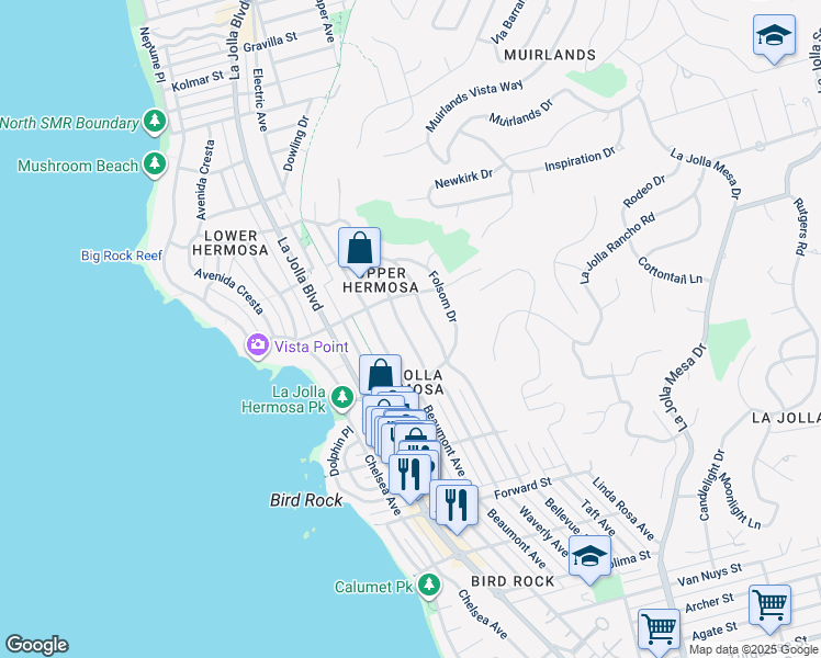 map of restaurants, bars, coffee shops, grocery stores, and more near 5919 Waverly Avenue in San Diego
