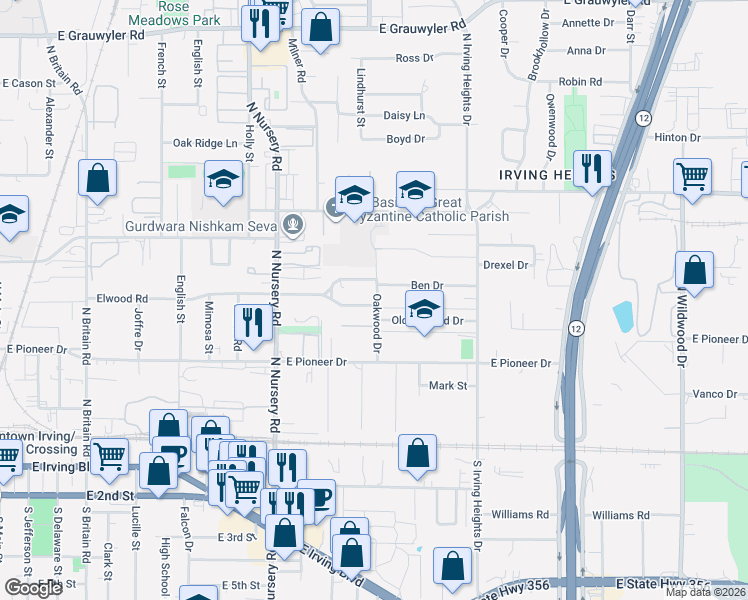 map of restaurants, bars, coffee shops, grocery stores, and more near 1313 Stone Drive in Irving