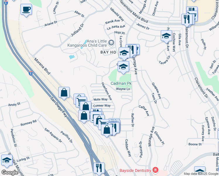 map of restaurants, bars, coffee shops, grocery stores, and more near 3099 Driscoll Drive in San Diego