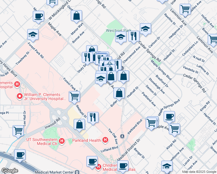 map of restaurants, bars, coffee shops, grocery stores, and more near 5521 Maple Avenue in Dallas
