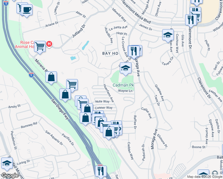 map of restaurants, bars, coffee shops, grocery stores, and more near 3099 Driscoll Drive in San Diego
