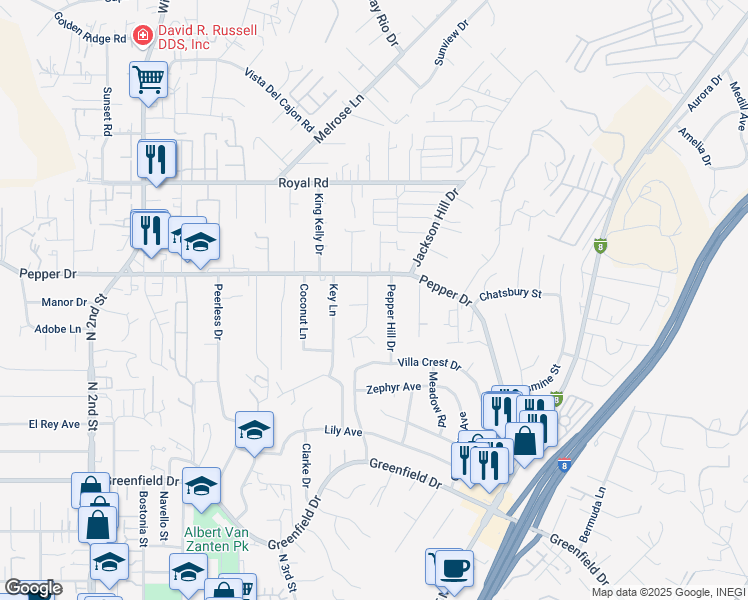 map of restaurants, bars, coffee shops, grocery stores, and more near 1751 Milton Manor Drive in El Cajon