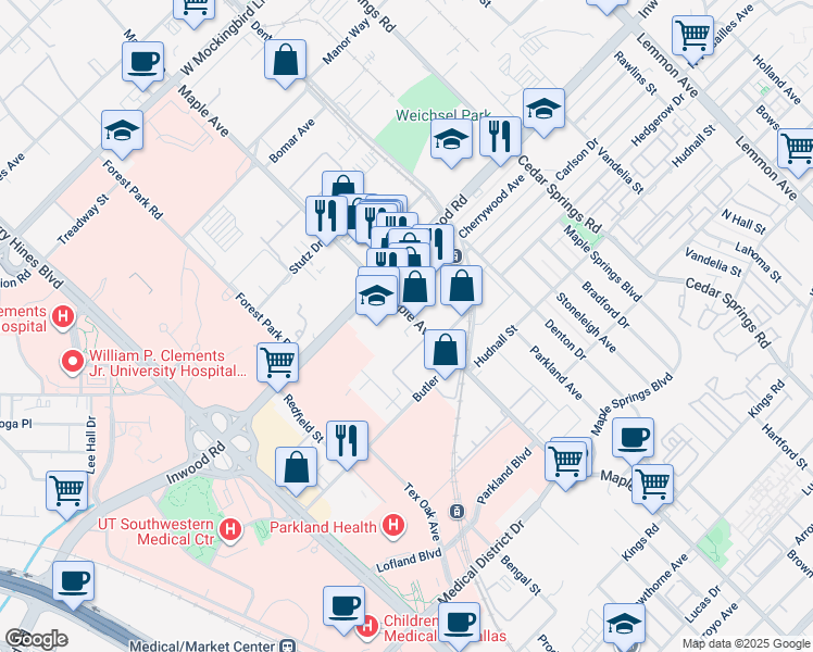 map of restaurants, bars, coffee shops, grocery stores, and more near 5521 Maple Avenue in Dallas