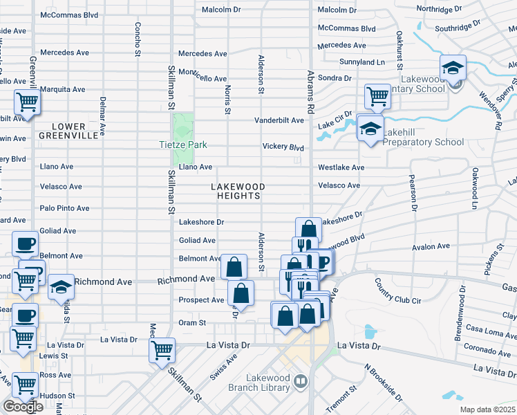 map of restaurants, bars, coffee shops, grocery stores, and more near 6262 Palo Pinto Avenue in Dallas