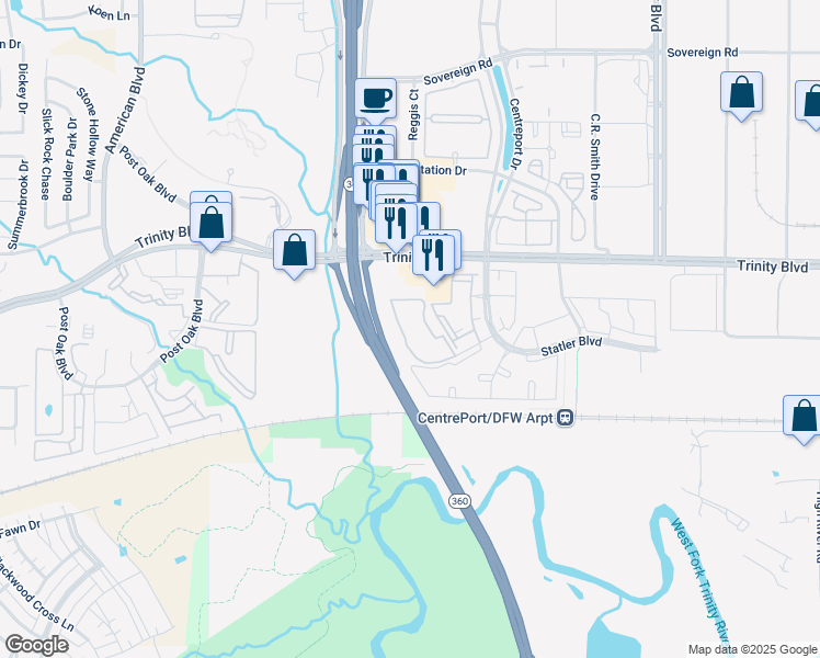 map of restaurants, bars, coffee shops, grocery stores, and more near 14301 Statler Court in Fort Worth