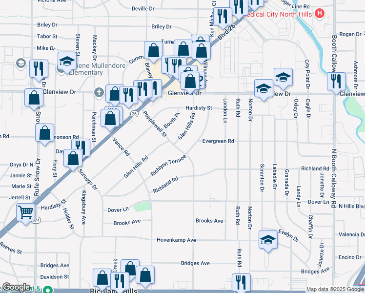 map of restaurants, bars, coffee shops, grocery stores, and more near 3708 Popplewell Street in Richland Hills