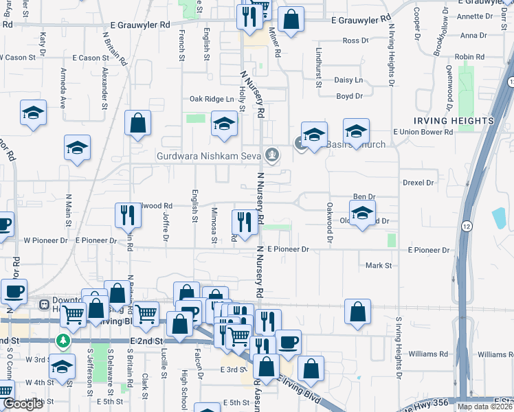 map of restaurants, bars, coffee shops, grocery stores, and more near 936 Elwood Road in Irving
