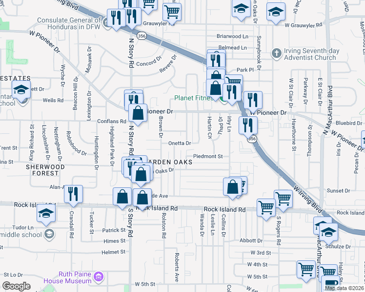 map of restaurants, bars, coffee shops, grocery stores, and more near 2012 Onetta Drive in Irving
