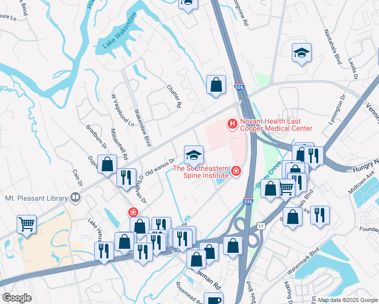 map of restaurants, bars, coffee shops, grocery stores, and more near 1285 Old wanus Drive in Mount Pleasant